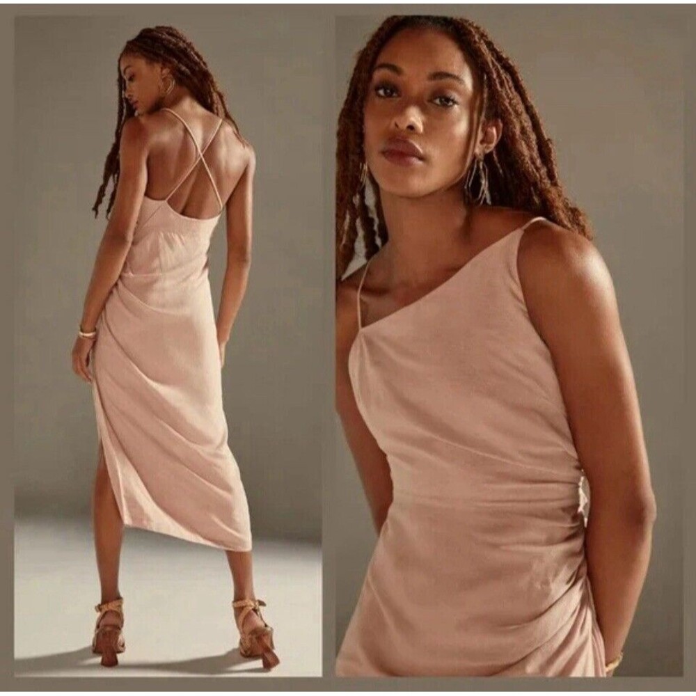 Anthropologie Linen Blend Dress Women’s 2 Pastel Pink Ruched Asymmetrical Summer